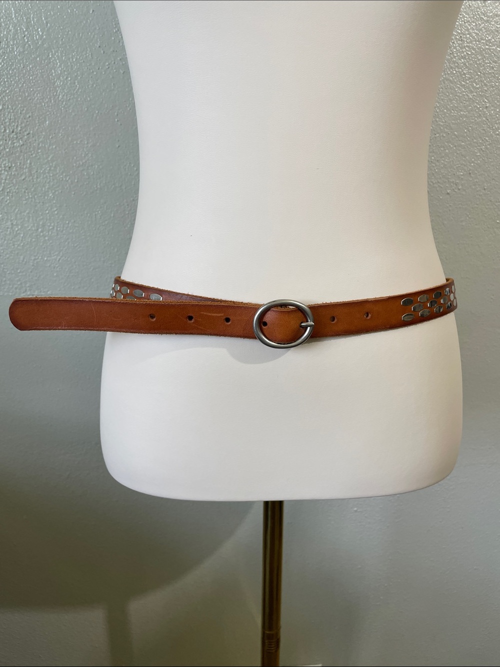 J. Crew Silver Tone Studded Brown Leather Skinny Belt Large Moto Biker Casual - Picture 2 of 9